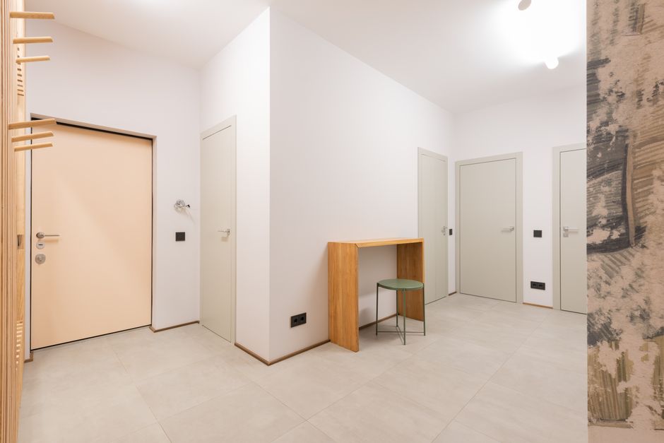 White interior doors in a modern hallway